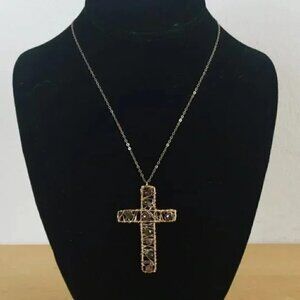 14KT GF Wire Wrap Semi Precious Stones Cross Pendant Necklace